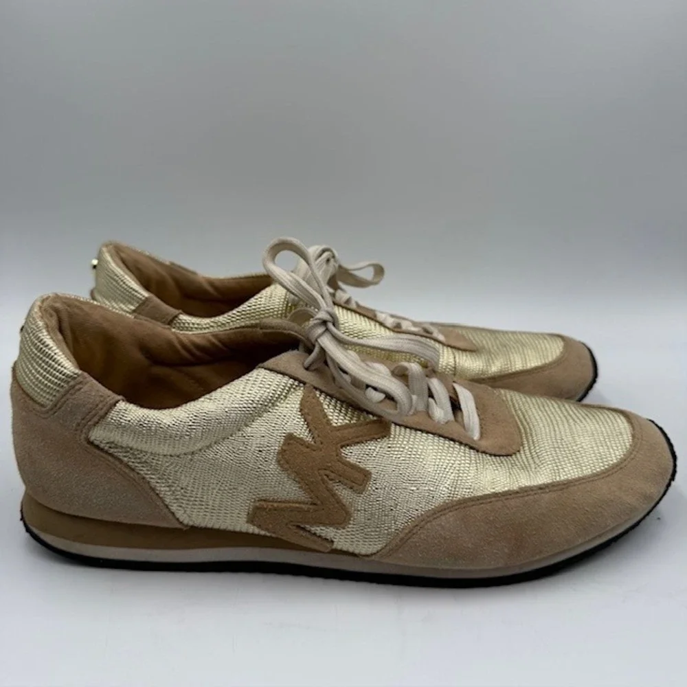 Michael Kors Allie Gold Metallic Tan Suede Trainer Sneaker‎ 9M Womens HJ15A